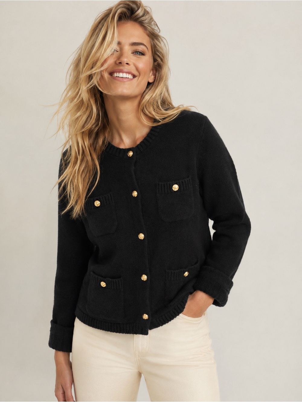Talbots Black Button Sweater Cardigan Preppy Parisian Quiet Luxury Buttery Soft